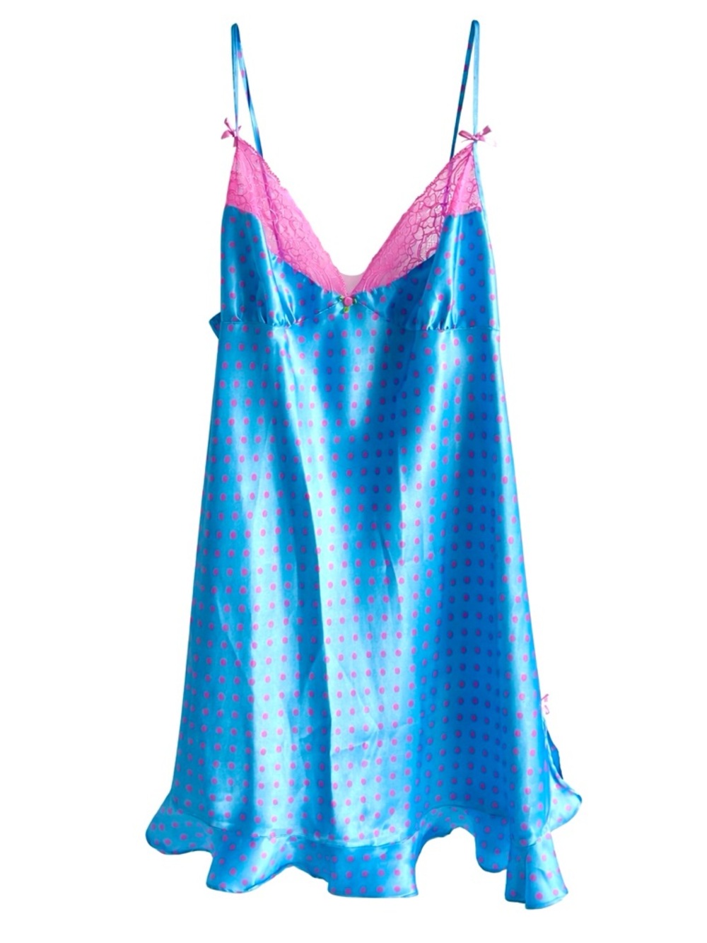 Y2K Betsey Johnson Blue with Pink Polka Dots Satin Slip Dress